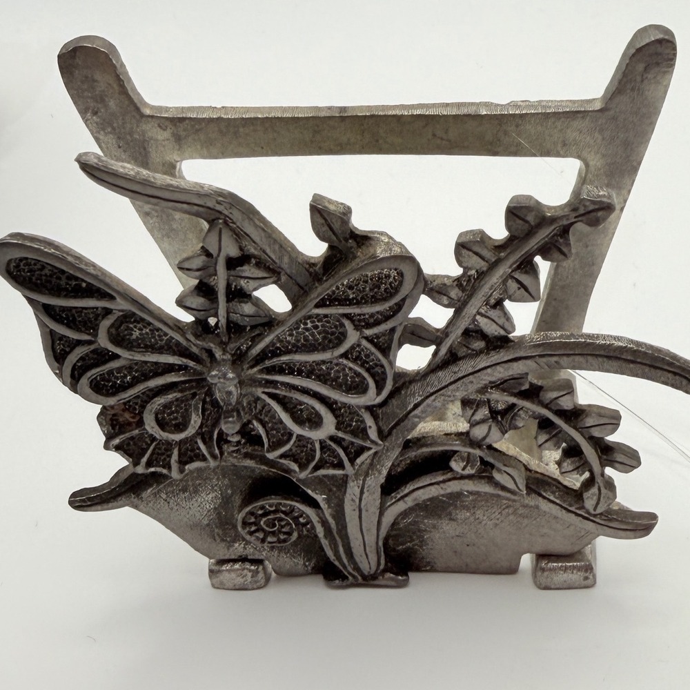 Metzke Pewter Butterfly Floral Napkin Letter Holder Vintage 1984 Silver Exc